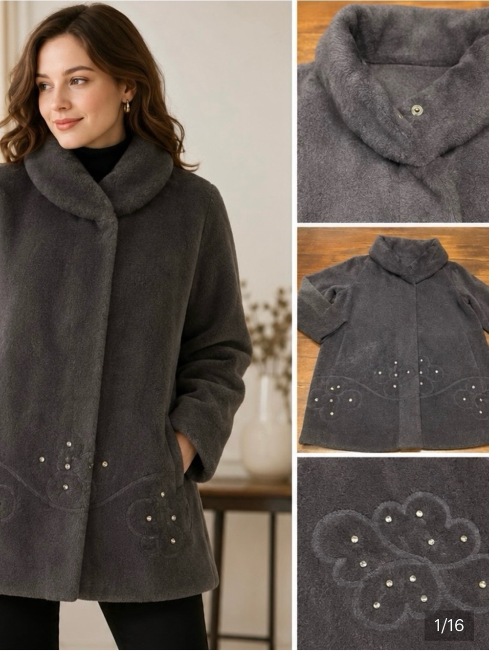 Vintage Y2K Faux Fur Fleece Coat Rhinestone Embellished Trim